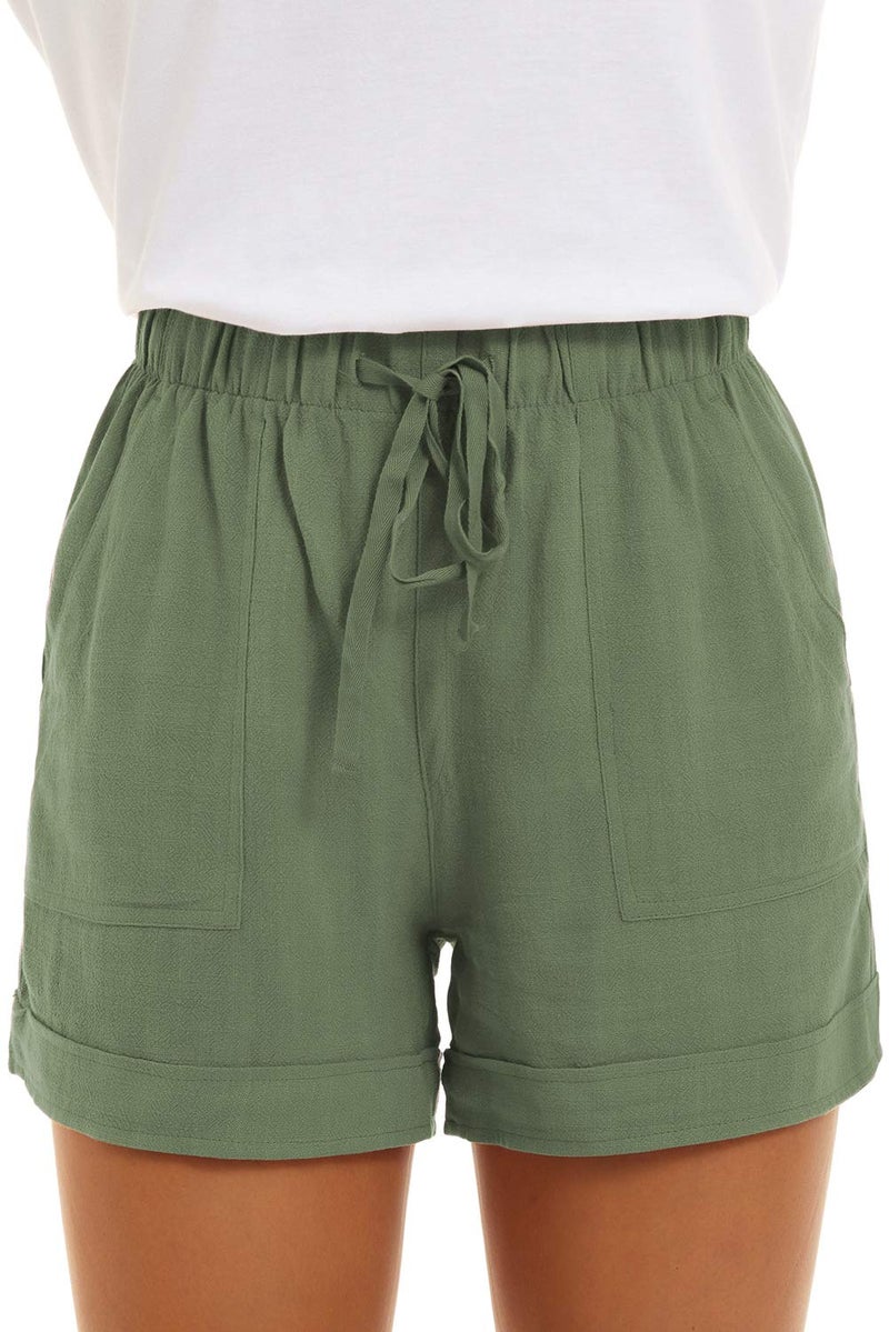 KINGFEN Womens Shorts for Summer Casual Comfy Drawstring Beach Cotton Shorts for Women Mid Rise Elastic Waist Linen Beach Summer Pull On Short with Pockets Green Small - Image 2